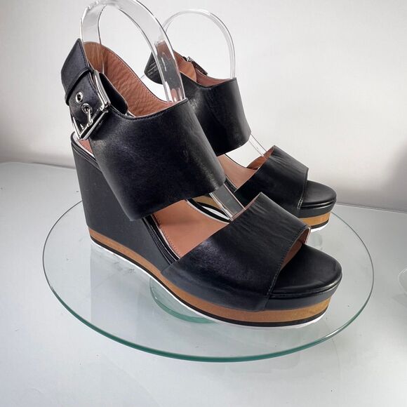 Linea Paolo Wedge Sandals Black Brown Leather Ankle Strap Peep Toe - Picture 1 of 8